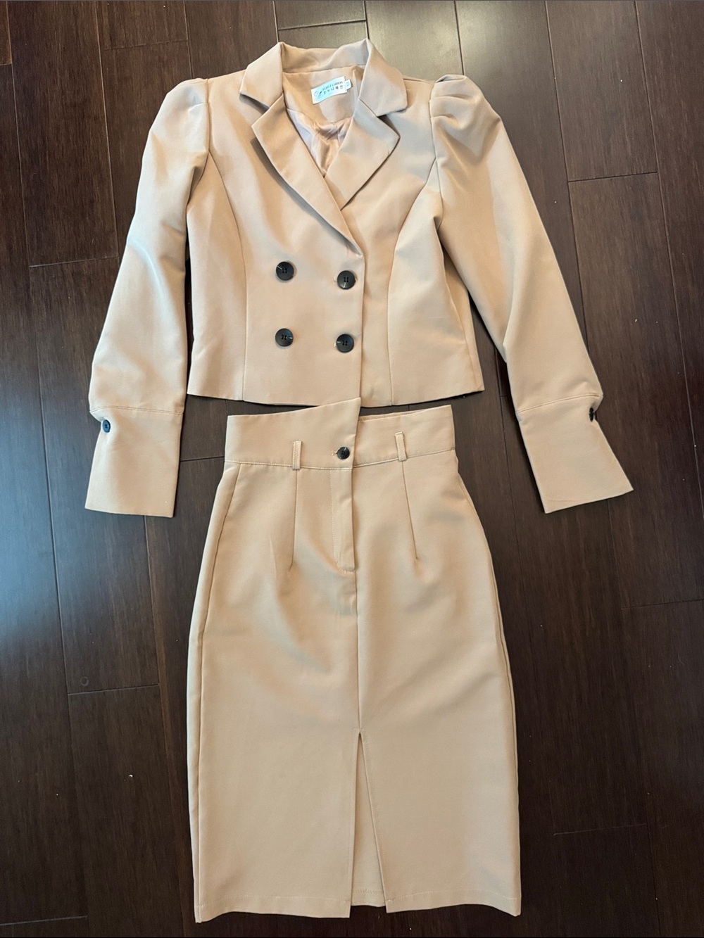 Beige Double-Breasted Pencil Skirt Suit - Women's Skirt by